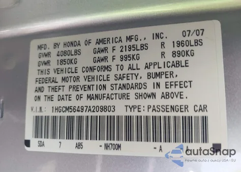 2007 Honda Accord 2.4 Lx z USA, uszkodzony, nr VIN 1HGCM56497A209803